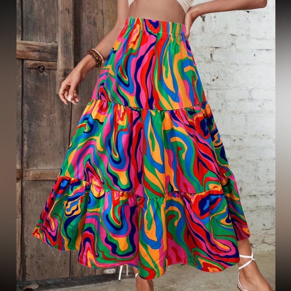 Boho Abstract Pop Art Print High Waist Maxi Skirt - Picture 1 of 2